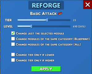 The Reforging menu, where you can set module tier and level.