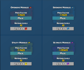 The Infinity Forge. Price Factor costs Gems, and Reforge Levels cost fragments.